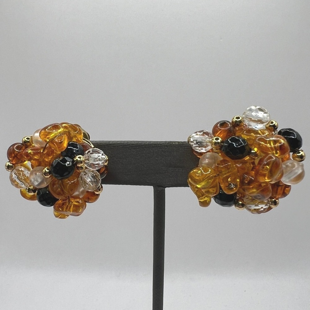 Vintage‎ Cluster Clip On Earrings Orange Clear Brown Beads Fall Colors